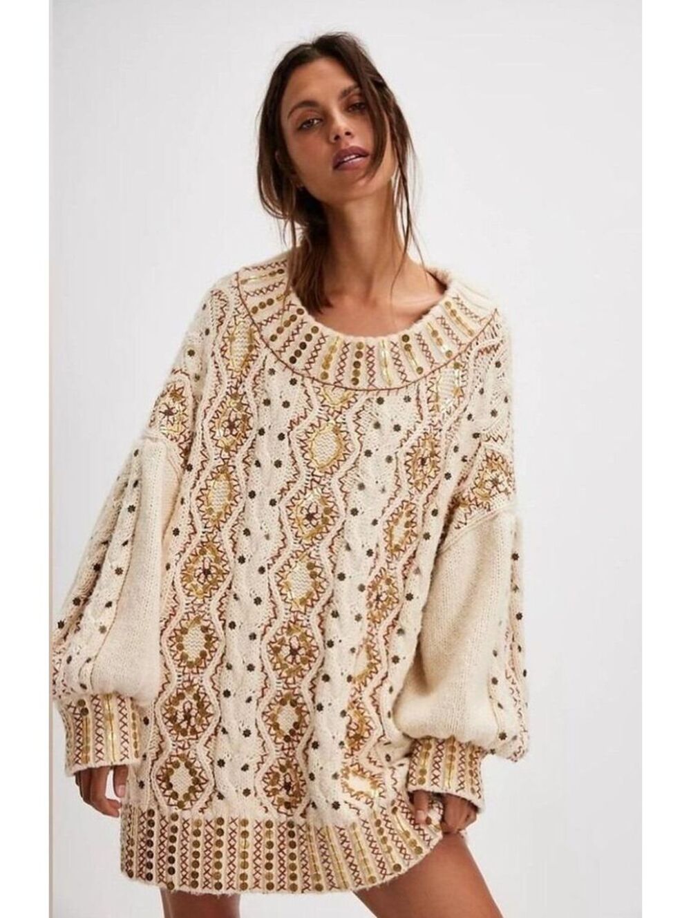 (SMALL, PTP 26) FREE PEOPLE GILDED CABLE EMBELLISHED SWEATER